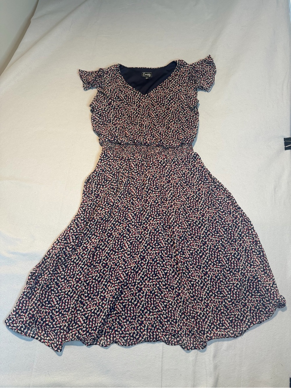 Smocked Waist Floral Midi Dress - Navy / Pink